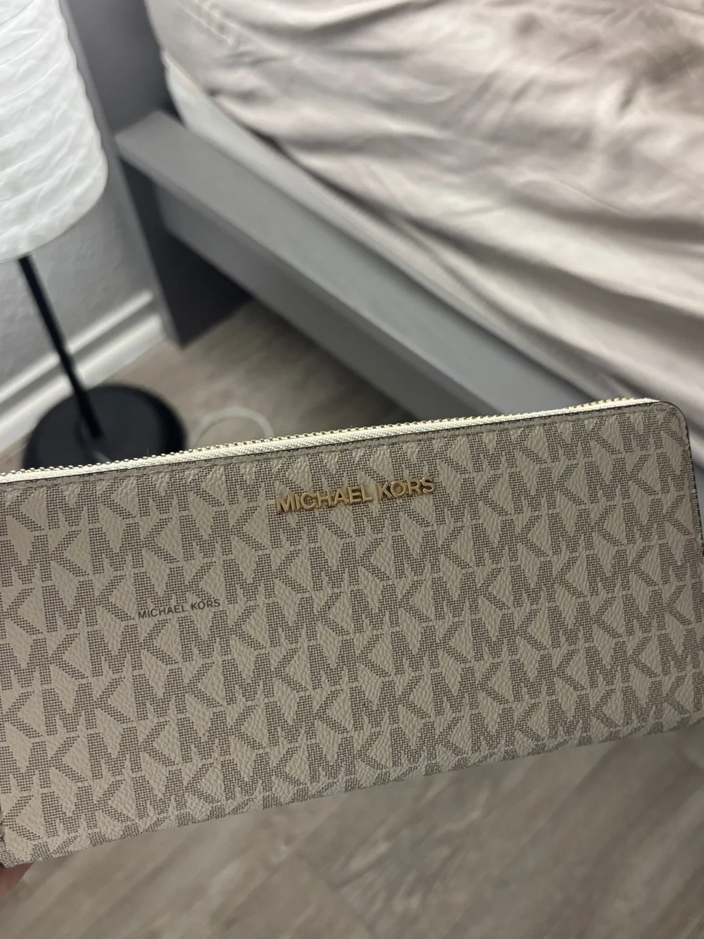 Michael Kors Beige Monogram Zip-Around Wallet with Gold Logo